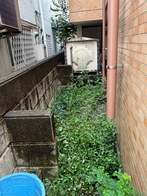 草が茫々の集合住宅の専用庭は、全面を砂利敷きにするのが一番経済的かつ容易!